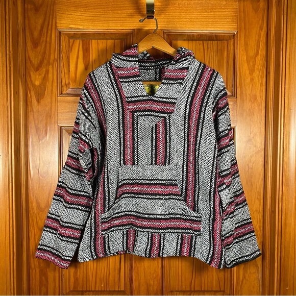 Iguana Jack Striped Baja Mexican Hoodie Sweatshirt in black, white, and pink - Picture 1 of 5